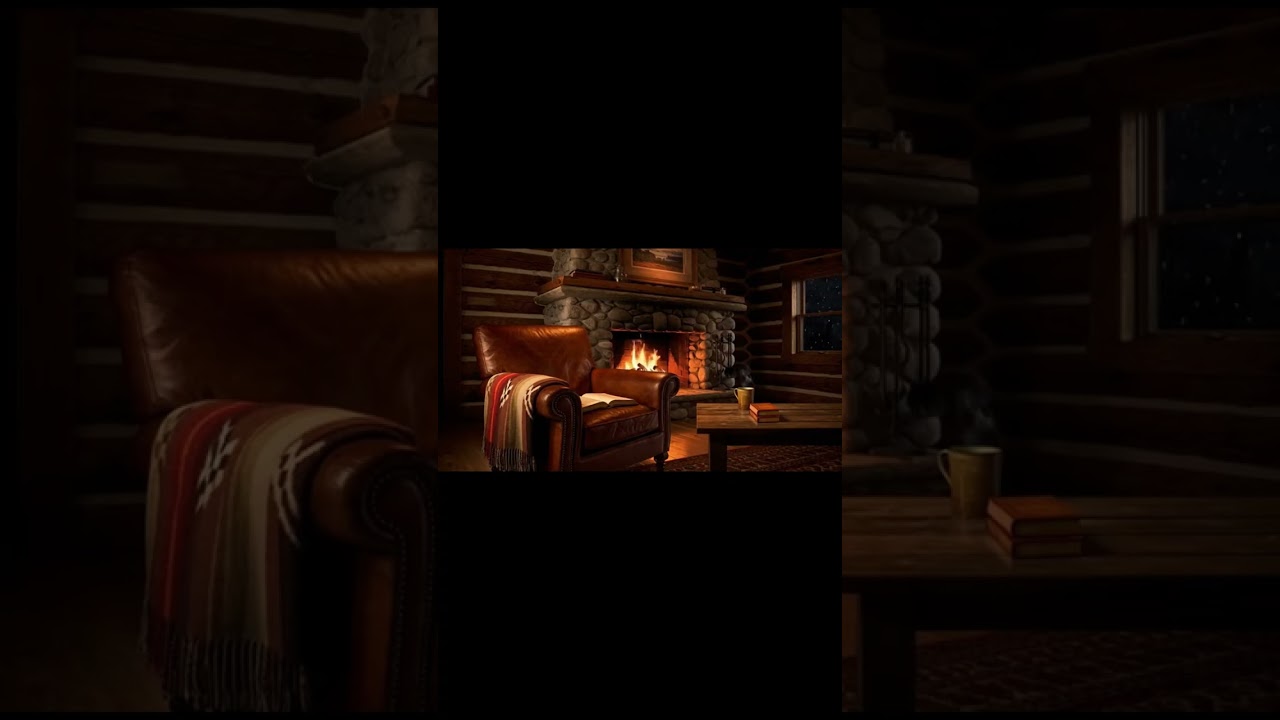 4K Cozy Cabin Living Room (Night)Soft Fireplace CrackleStress relief and anxiety reduction