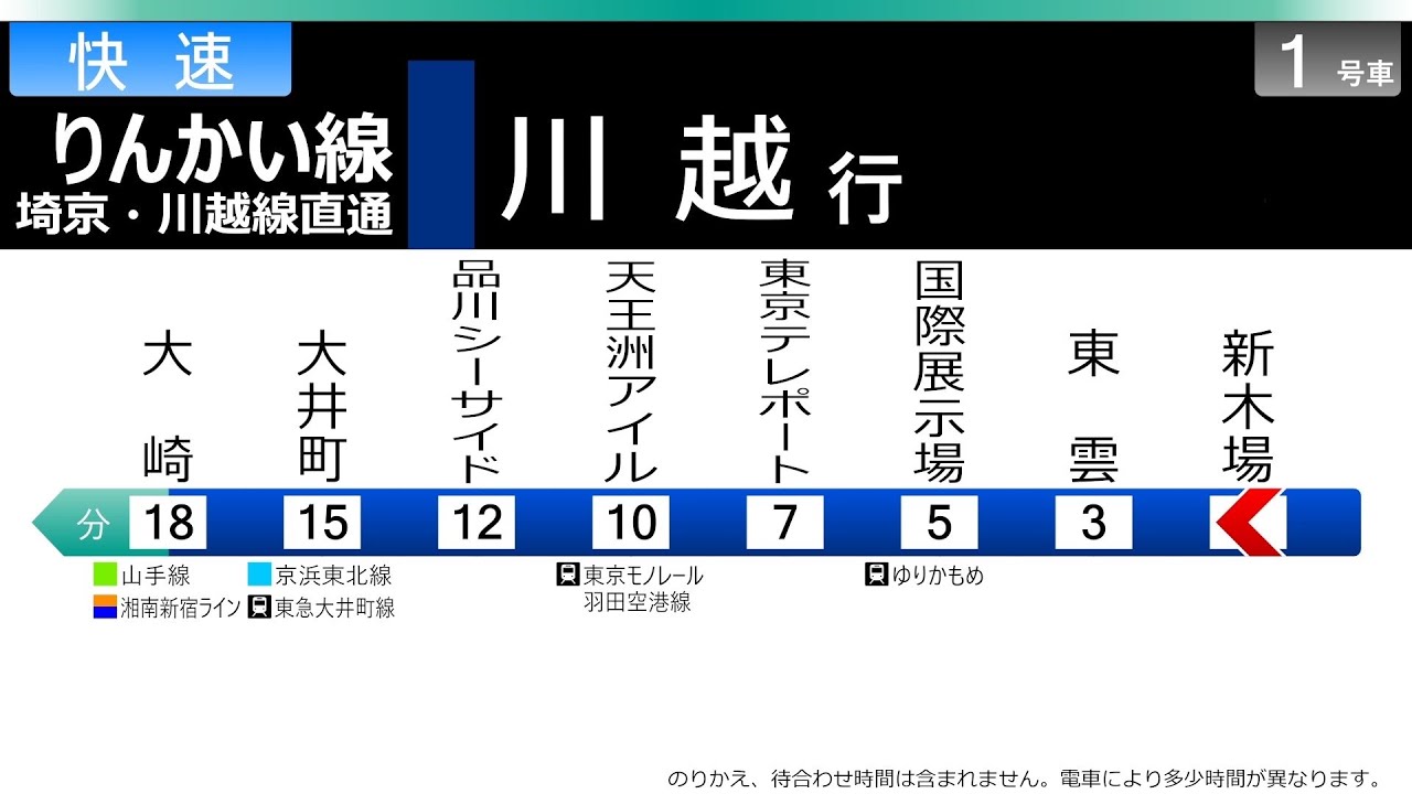 【りんかい線～埼京線～川越線直通】快速　新木場ー川越　車内放送とLCD再現