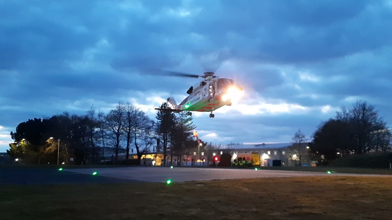 HM Coastguard Helicopter Rescue 924 Sikorsky S-92 landing at Treliske Hosp. April 2021 from the IOS