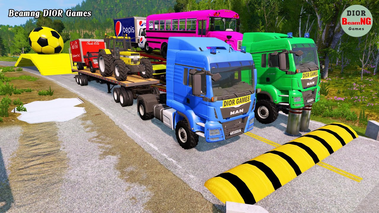 Double Flatbed Trailer Truck vs speed bumps|Busses vs speed bumps|Beamng Drive|507