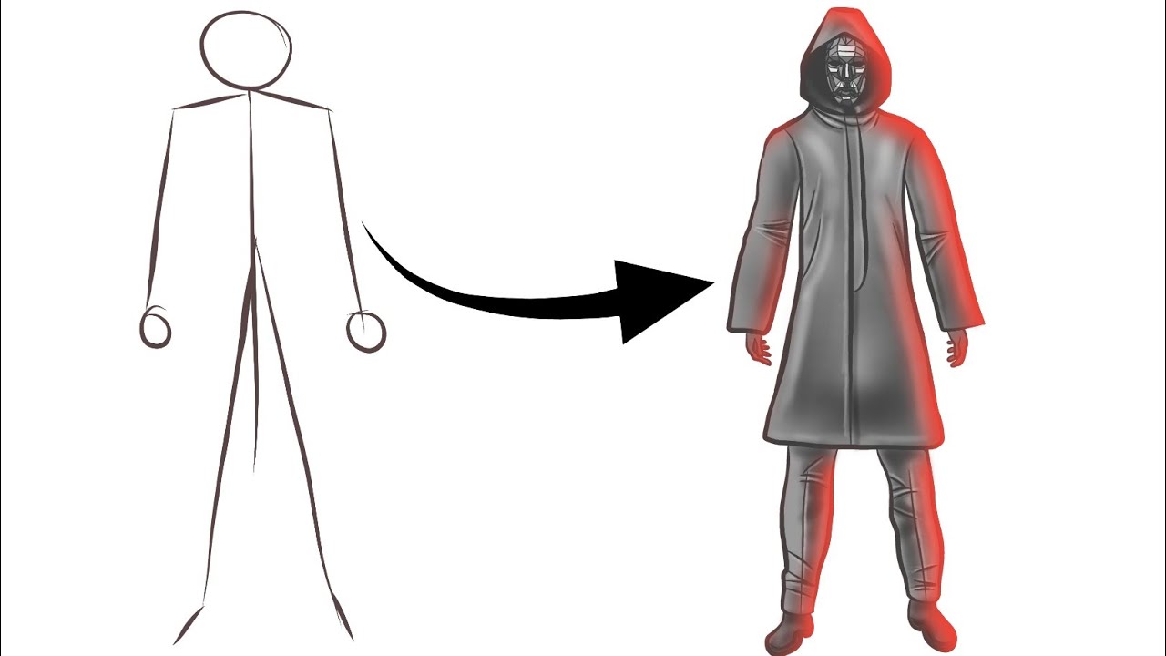 How To Draw Front Man From a Stick Man in an Easy Step by Step | Full Body | Squid Game