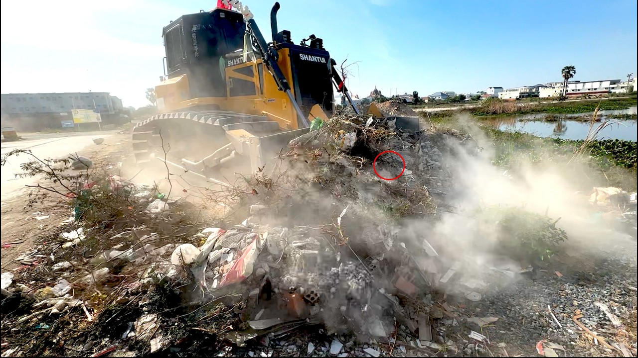 Massive Operating Garbage Removal Process Sidewalk Road & Filling Land Dozer Spreading Skills