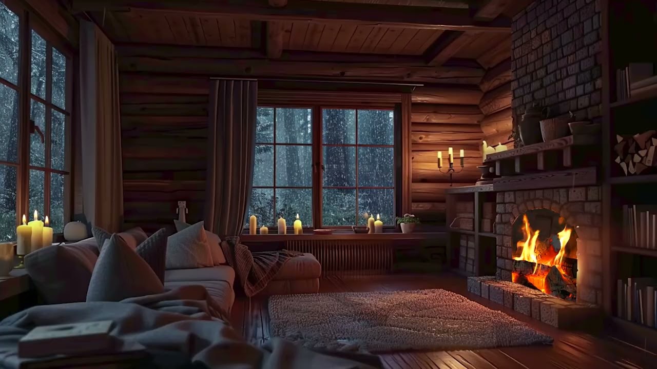 🌧️ Soft Rain on Glass & Cozy Fireplace Glow | Relaxing Night Ambience for Sleep & Focus