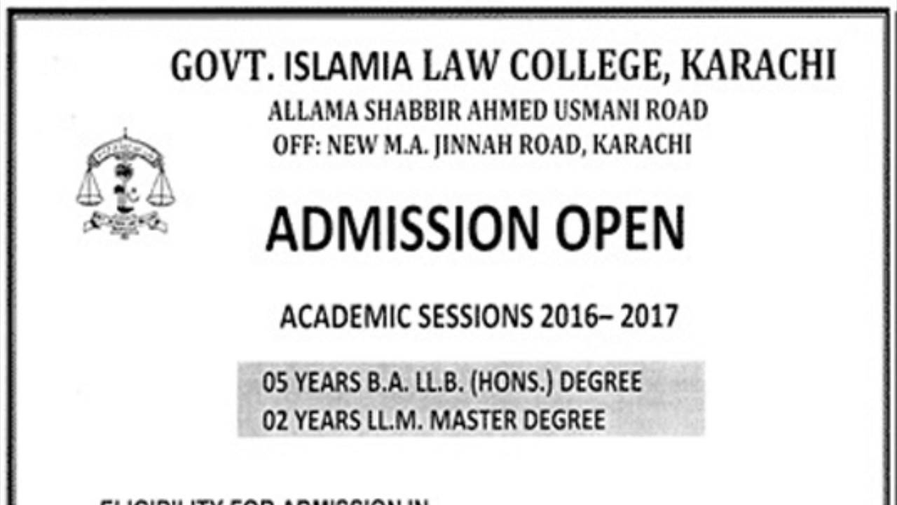 Govt  Islamia Law College, Karachi Admission Open