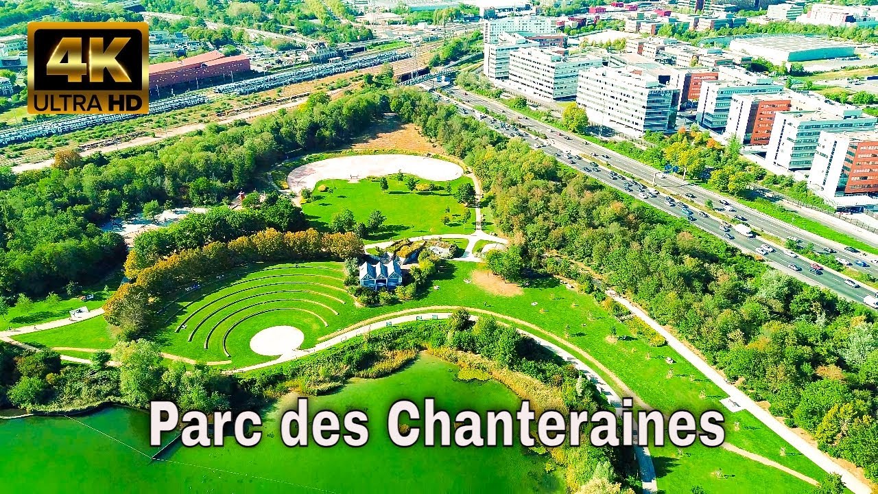 4K Drone Video of Parc des Chanteraines near Paris - Small Train Ride Around the Park