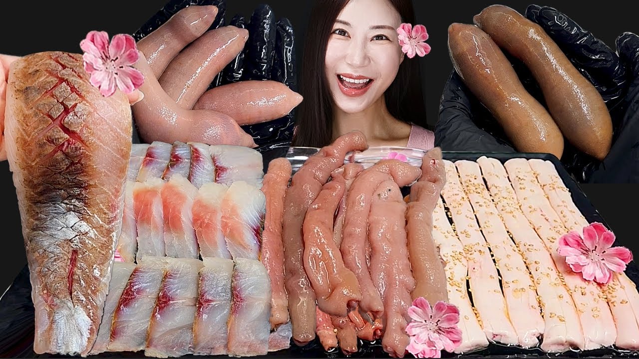 Сырая рыба (мулет)+ Лунная червь (Гебул) + Raw Beef Spine 🌸🌸🌸 Mukbang