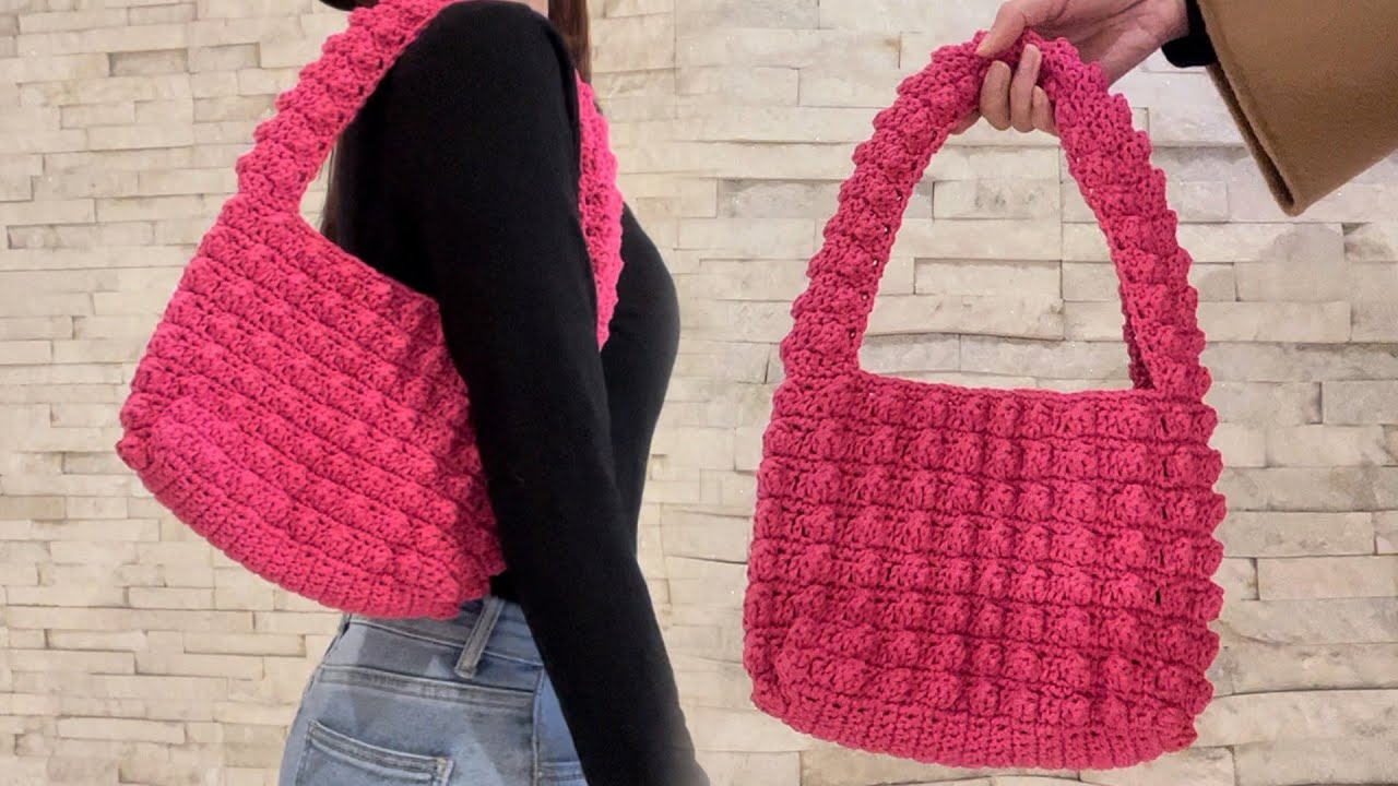 [Crochet Bag Tutorial]- How to make Ins style bubble pleated woven bag rose pink bubble shoulder bag