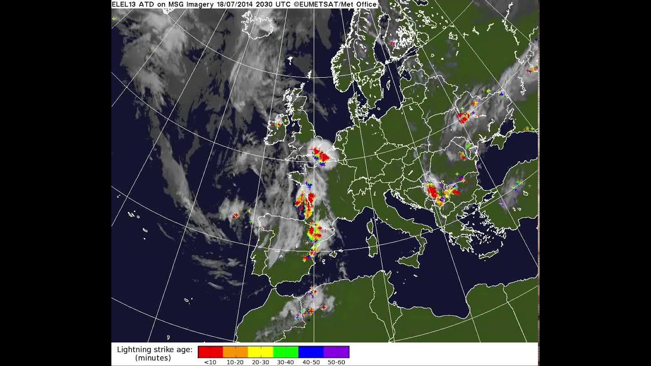 Lightning strikes over the UK from 18 July to 20 July
