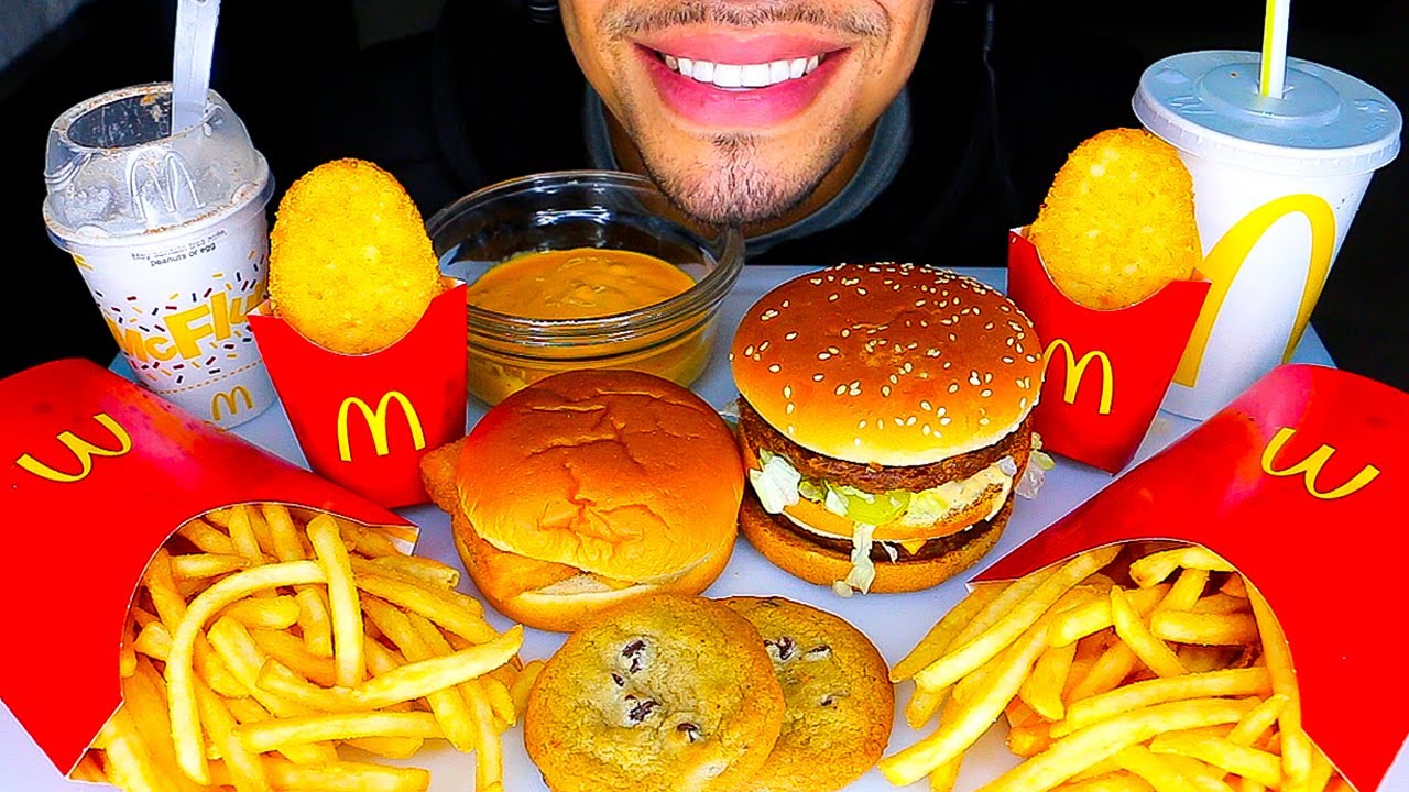 ASMR EATING MCDONALDS MUKBANG BIG MAC HASH BROWNS FRENCH FRIES WITH CHEESE SAUCE OREO MCFLURRY JERRY