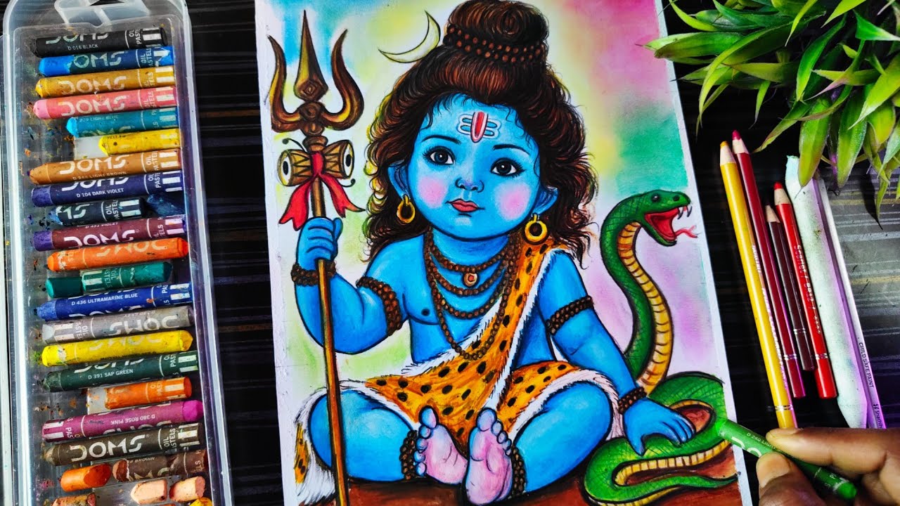 Cute Lord Shiva Drawing With Oil Pastle, Mahadev Drawing Easy, Maha Shivratri Drawing Step By Step