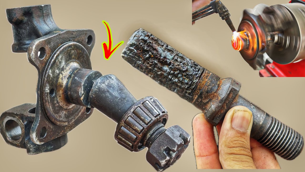 The Broken Front Wheel spindle Reattached from Basic Tool And Heavy truck wheel Bolt Repair process