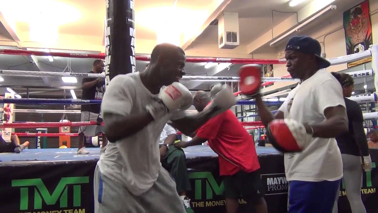 Floyd Mayweather padwork with amateur standout Andrew Tabiti
