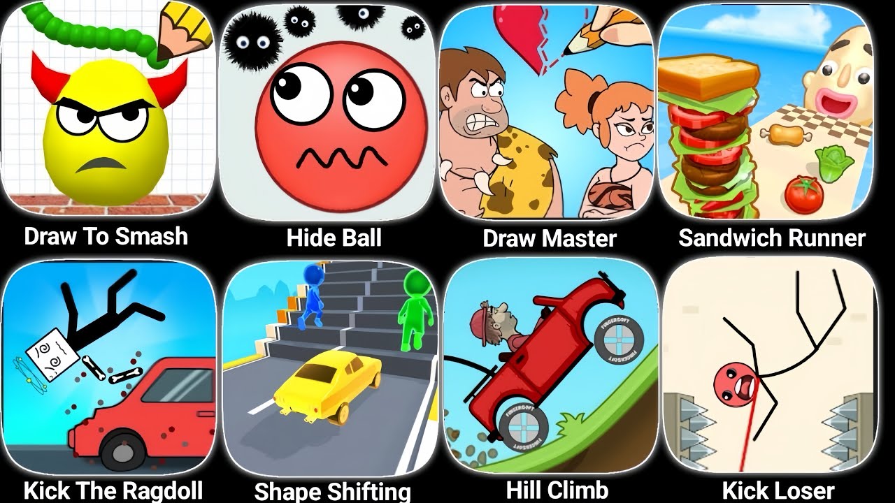 Draw To Smash, Hide Ball, Draw Master, Sandwich Runner, Kick The Ragdoll, Shape Shifting, Kick Loser