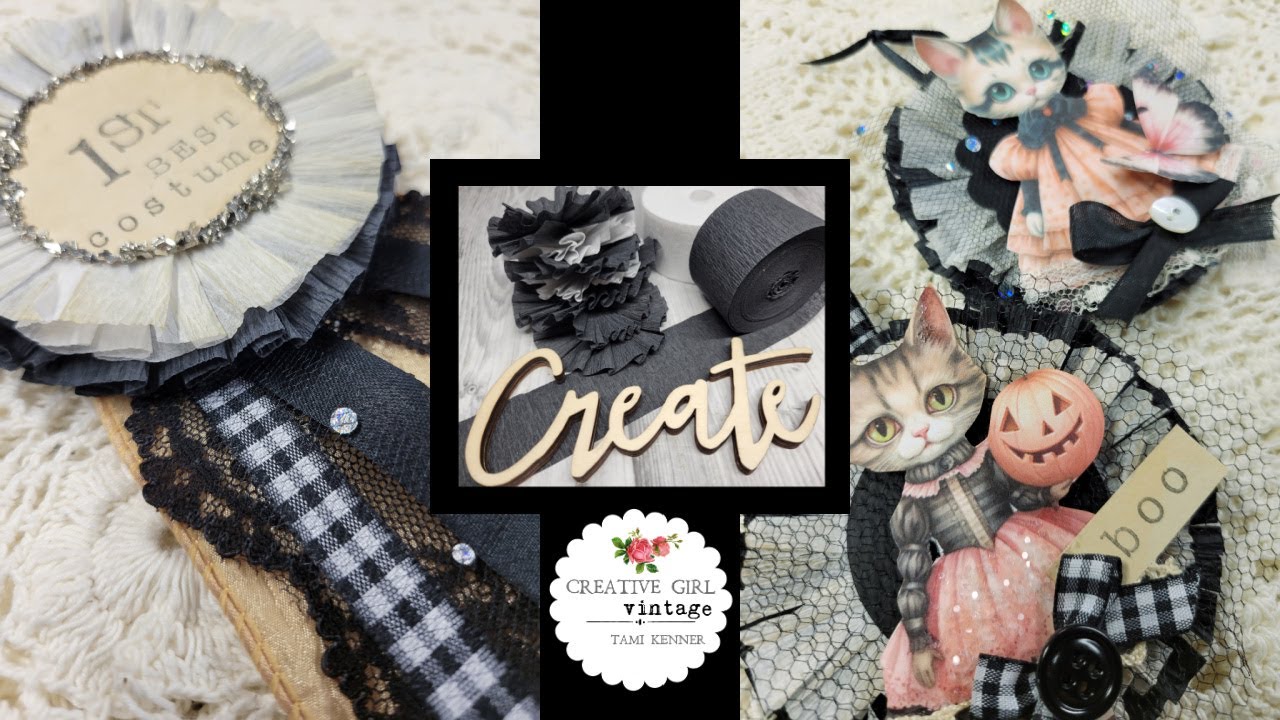 Halloween ornaments 2 crafting projects using crepe paper medallions/rosettes KITTENS & PRIZE RIBBON