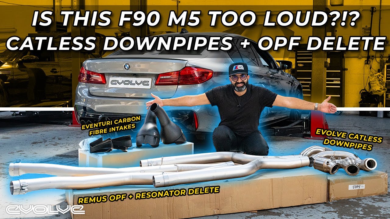 F90 M5 Competition Evolve Catless Downpipes + Remus OPF Delete - Before/After Sound