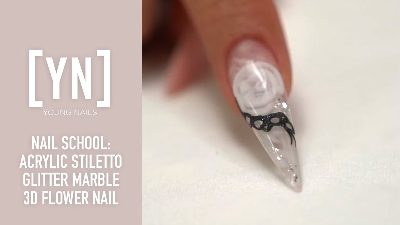 Acrylic Stiletto, Glitter Marble, 3D Flower Nail