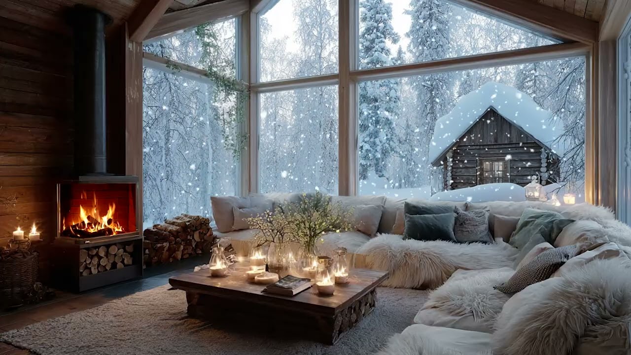 Snowy Piano Lounge Ambience | White Flowers and Fireplace Glow for 3 Hours Calm