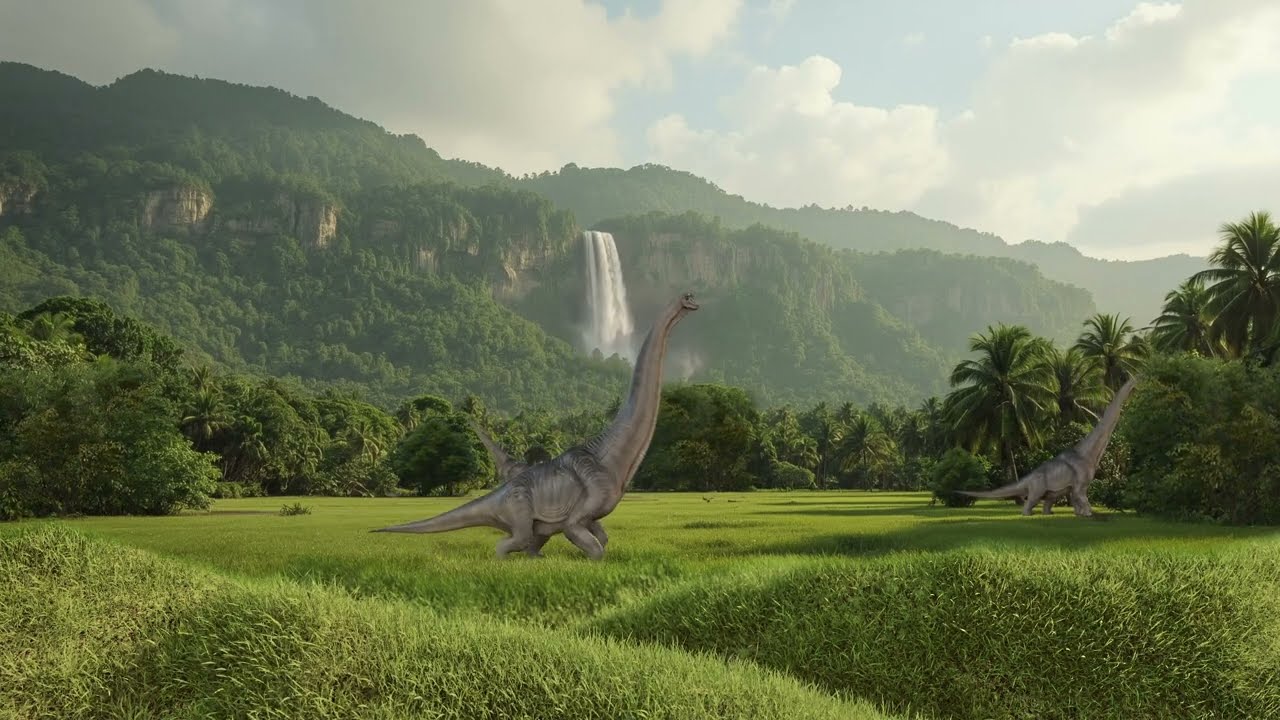 Calm Jurassic Valley Ambience with Moving Dinosaurs / Waterfall Sounds🦕🌾