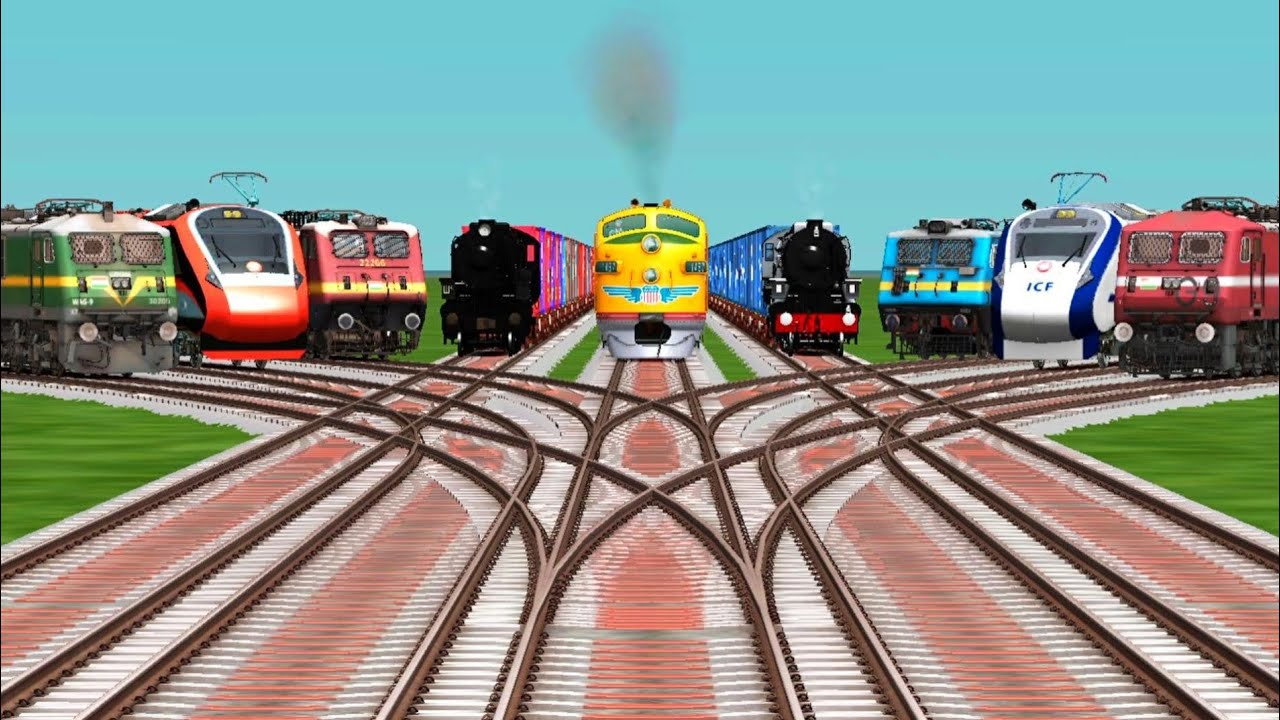 9 Indian Express Trains Crossing By Bumpy Branched Railroad Tracks || train simulator classic