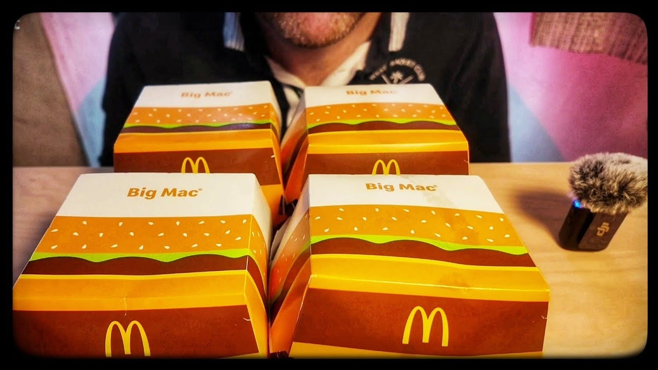 ASMR MUKBANG FOUR BIG MAC EATING MCDONALD’S FOOD SANDWICH SAUCE EXTRA BURGERS WHIT CHEESE 