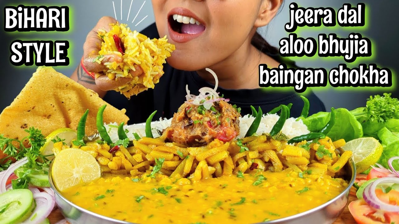 EATING MOUTHWATERING JEERA DAL, ALOO BHUJIA, BAINGAN CHOKHA | PURE VEG THALI MUKBANG