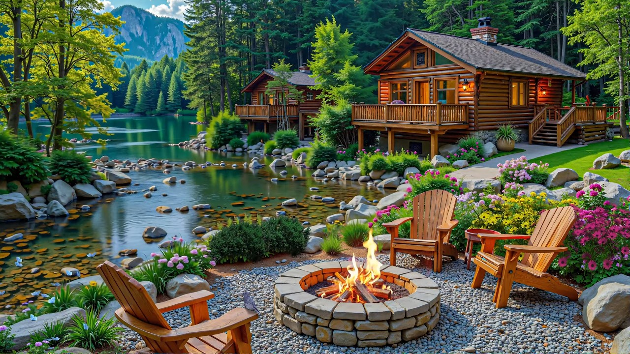 Soothing Riverside Cabin Porch 🌿🌸 Gentle Piano & Nature Ambience for Work and Study