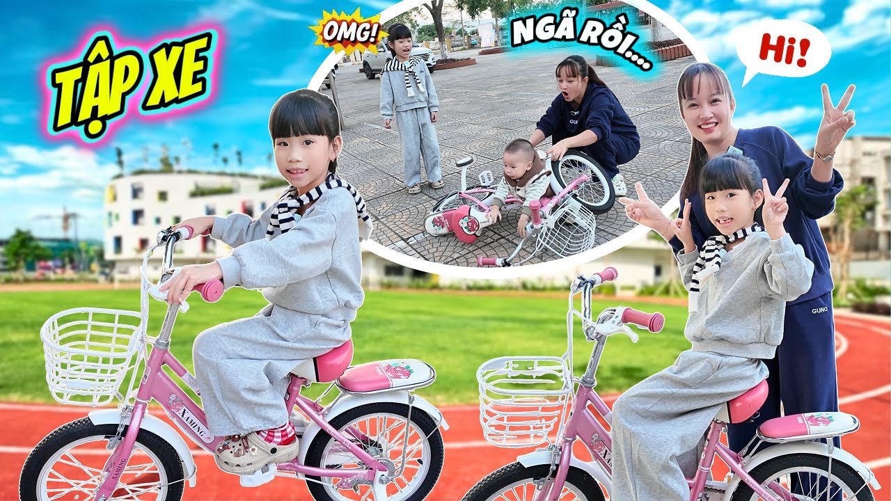 MiMi Tập Đi Xe Đạp 2 B&aacute;nh C&ugrave;ng Mẹ Huế, MiLo, Bố Ho&agrave;ng - Một Ng&agrave;y Tập Đi Xe Đạp Ng&atilde; L&ecirc;n Ng&atilde; Xuống