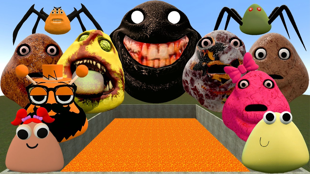 🌋LAVA POOL ALL POU BOU ARMY and SPRUNKI POU, SPIDER and GIRL BOU SPARTAN KICKING in GMod🕳️
