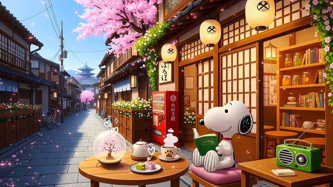 Snoopy's Morning Spring Sakura 🌸 Calm Lofi Beats Coffee ☕ Soft Lofi to Focus & Relaxing