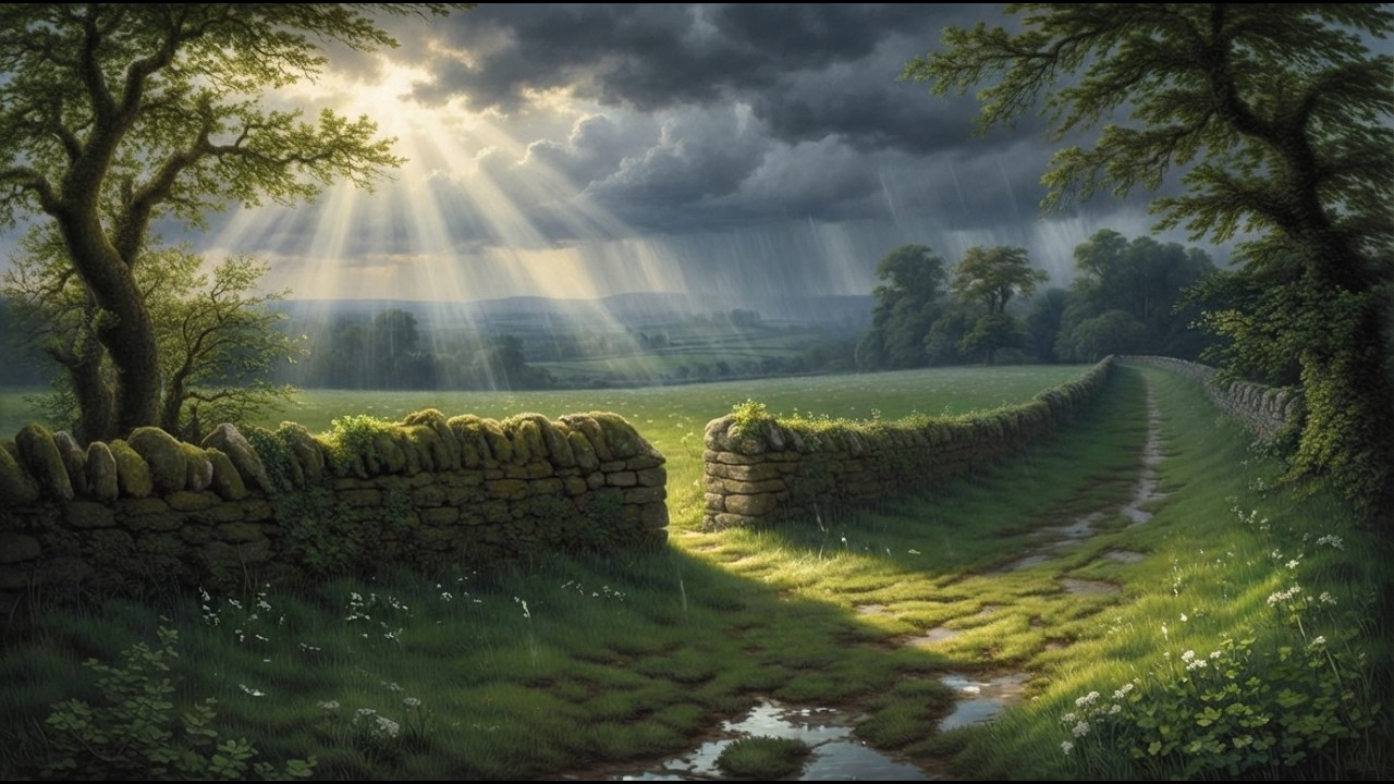 4K Calm Focus Ambience • Irish Countryside Path with Soft Rain & Sunlight