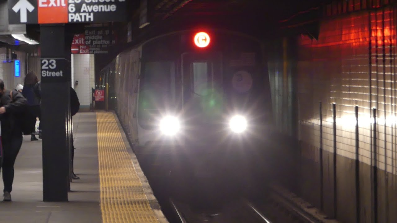 IND 6th Ave Line: R46 & R179 A & C Trains & R160B Siemens F Train at 23rd St-6th Ave (WKND G.O-SB)