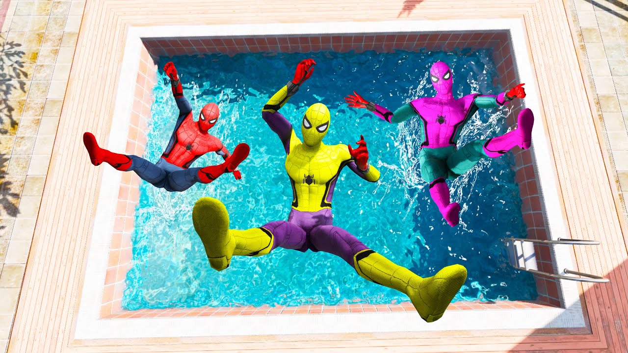 GTA 5 Rainbow  Red Vs Pink & yellow Spiderman Jumping Into Pool (Euphoria Physics/Ragdolls) #1