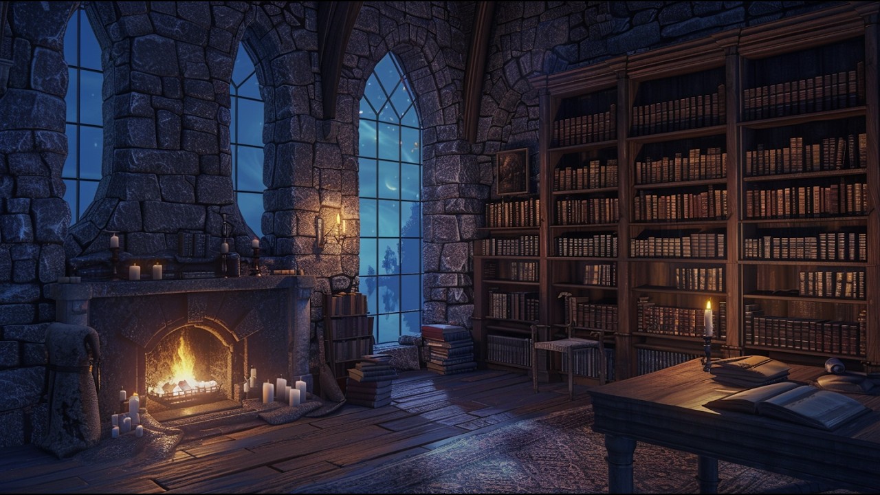 Medieval Castle Library At Night 🌙 Fireplace Ambience, 3 Hour Study