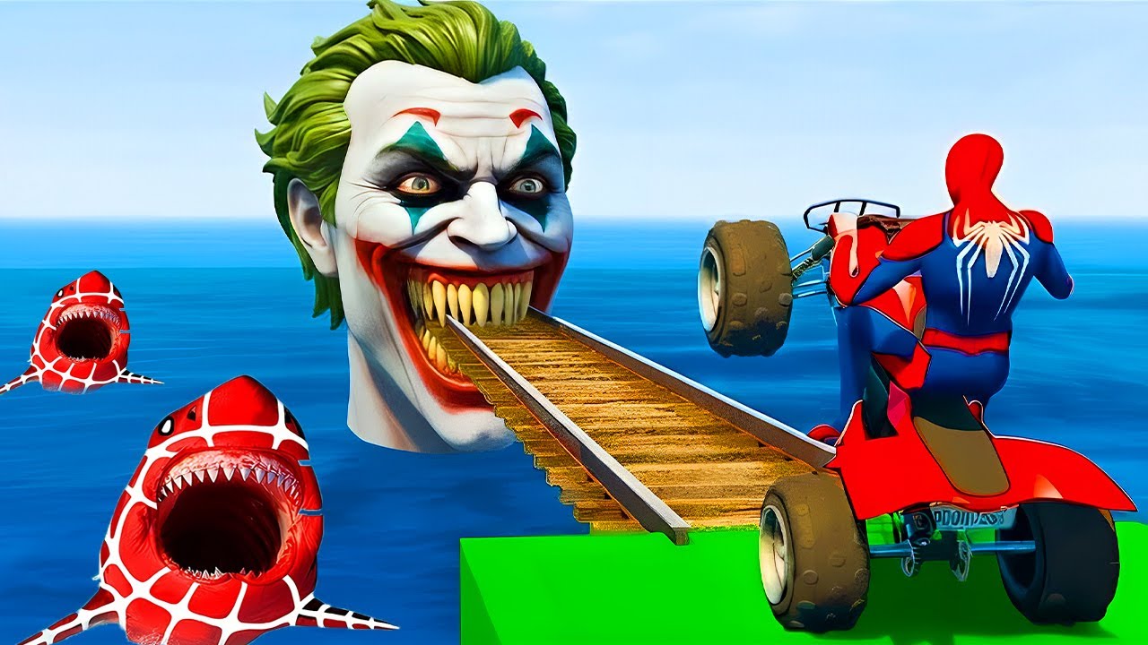 GTA 5 Spider-Man Rainbow Ramp Escape! Mega Shark Attack Gta 5 Spiderman