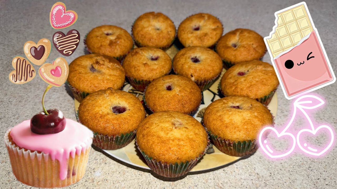 TASTY MUFFINS W/ CHERRY & WHITE CHOCOLATE/НЕЖНЫЕ ВКУСНЫЕ МАФФИНЫ С ВИШНЕЙ И БЕЛЫМ ШОКОЛАДОМ ЗА 5 МИН
