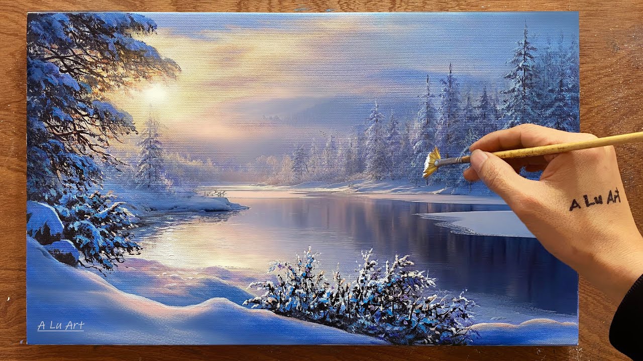 How to draw a winter landscape /#90/ Winter morning sunlight / Acrylic painting / A Lu Art