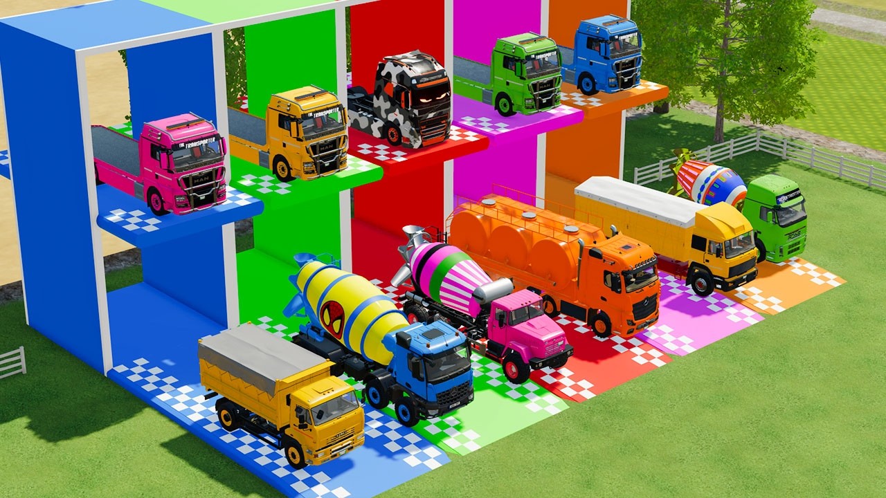 Garage With trucks   COLORFUL SCANIA BUS, MIXER CEMENT TRUCK TRANSPORTING WITH FLATBED DUMP TRUCK