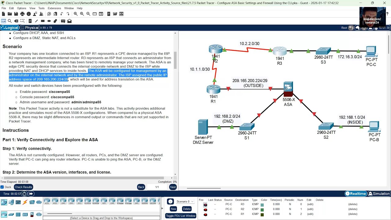 21.7.5 Packet Tracer — Настройка основных параметров ASA и брандмауэра с помощью командной строки