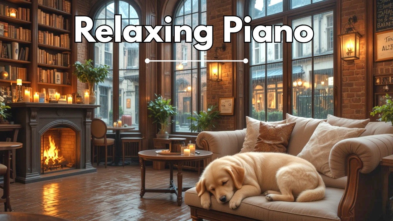 Cozy Fireplace & Sleeping Puppy 🐶 Soft Piano for Stress Relief