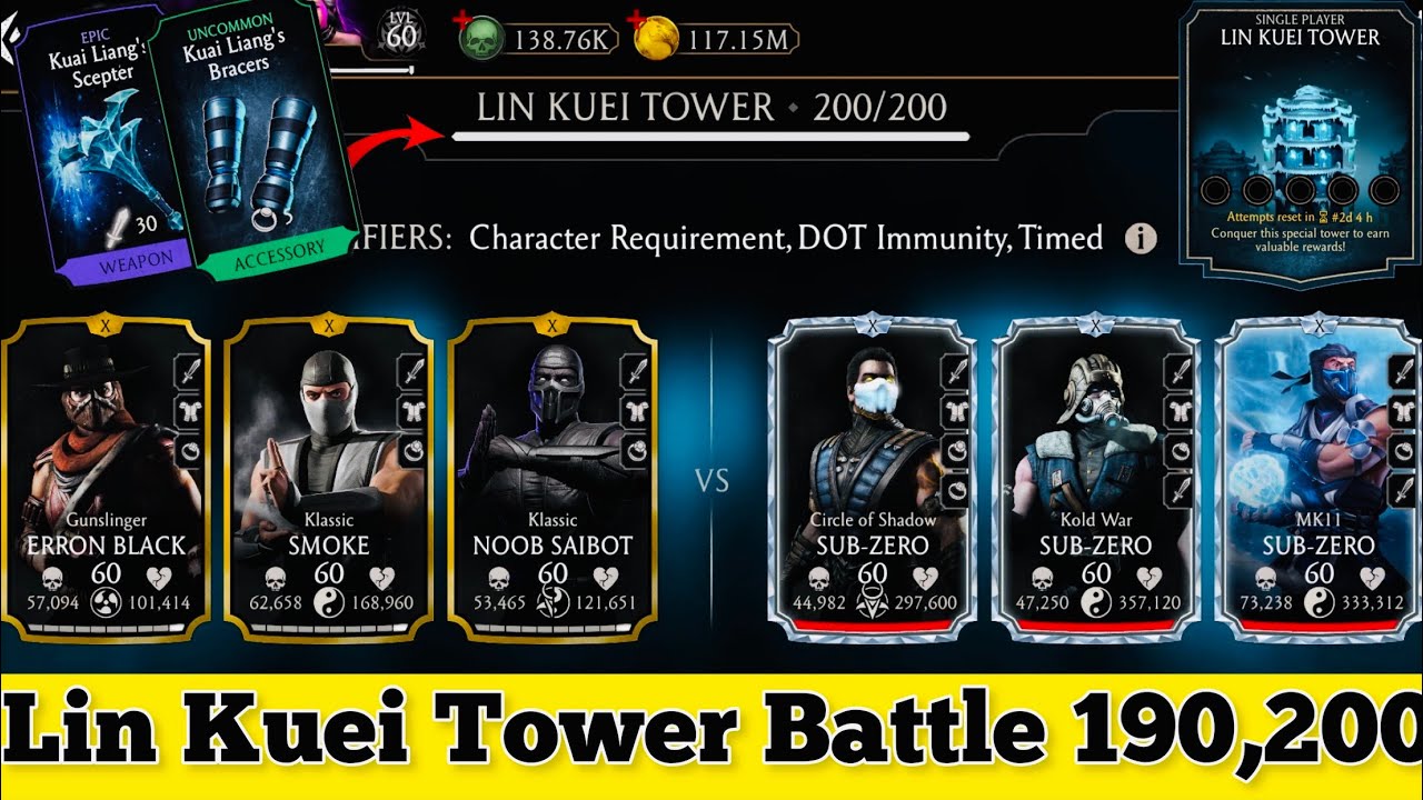 Lin Kuei Tower Boss Battle 200 & 190 Fight + Rewards ( Subzero Brutality set ) MK Mobile