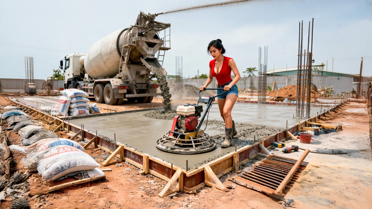 Building a 20m² Solid Concrete Floor with Iron Core | Girl Builds Her Dream House (Part 2)