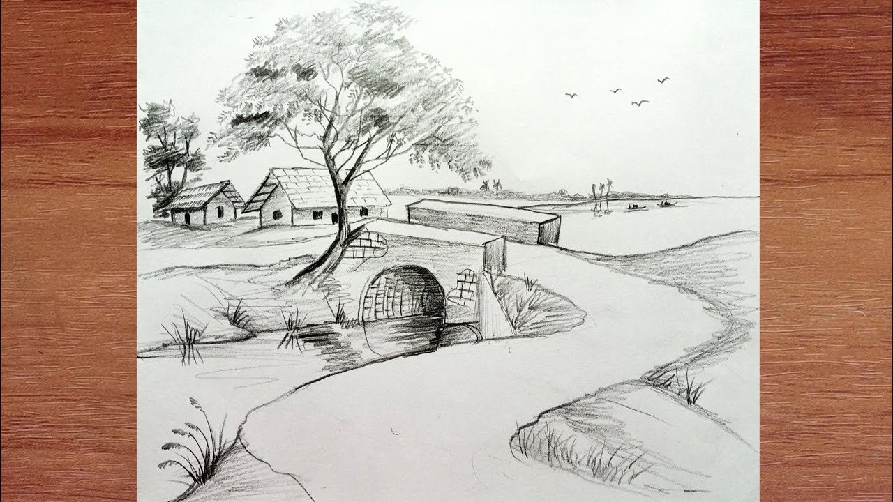 Village Scenery Drawing|| Easy pencil sketch/Best scenery drawing with pencil.