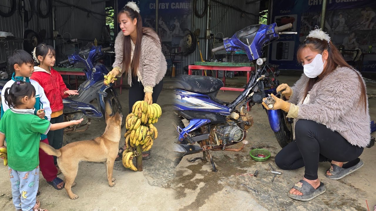 The kind-hearted repair girl: helping the kids and fixing an old SYM motorbike.