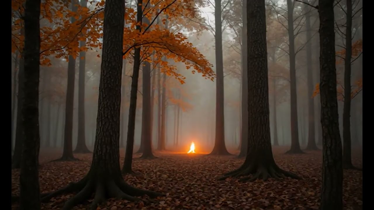 Foggy Autumn Forest Ambience 🍂 Cozy Fall Atmosphere, Distant Campfire & Wind (Relax / Sleep)