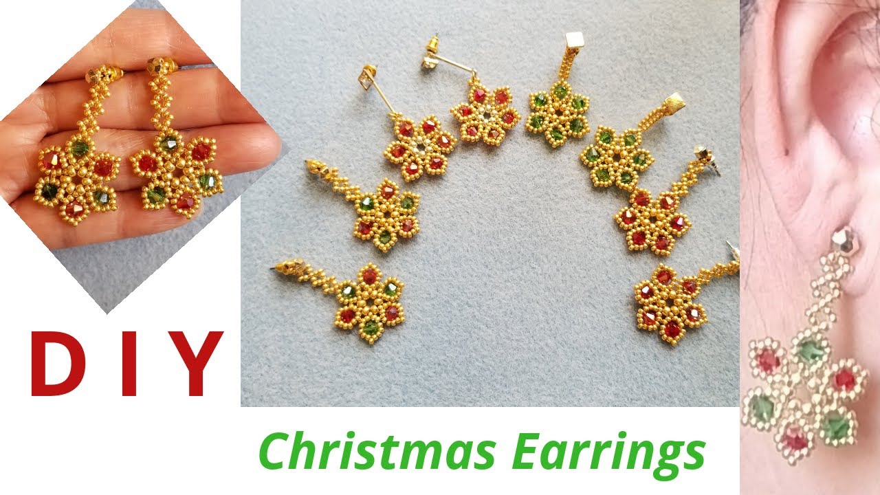 DIY How to make Christmas Beaded Earrings / Pendientes de Navidad  / Orecchini  di Natale  /  # 240