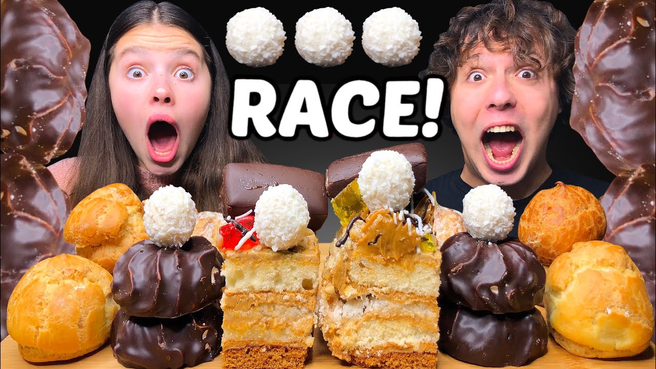 ASMR RACE! CAKE, GIANT CHOCOLATE COVERED MARSHMALLOWS, RAFAELLO EATING SOUNDS MUKBANG 먹방