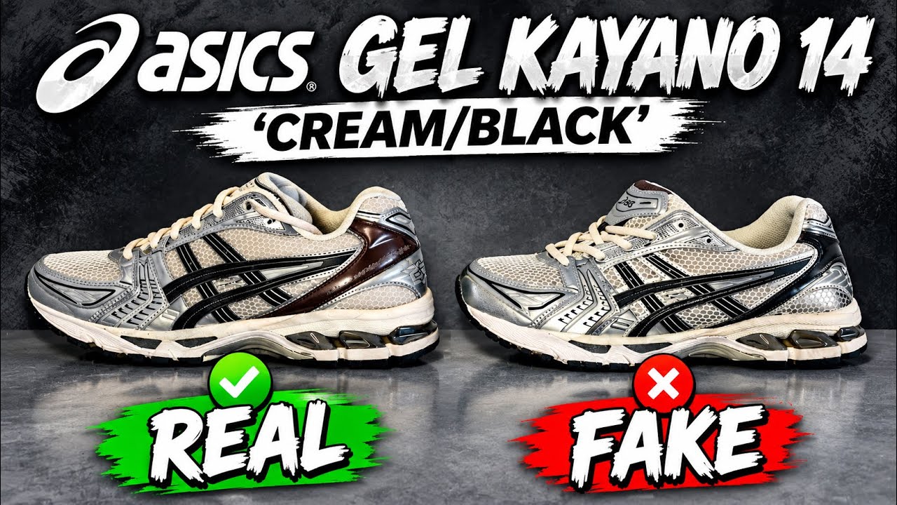 REAL VS. FAKE ASICS GEL KAYANO 14 CREAM BLACK METALLIC PLUM SNEAKERS COMPARISON