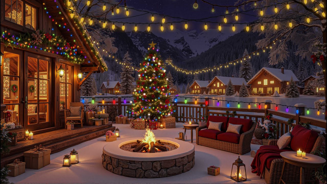 Cozy Christmas Porch Ambience🎄 Hearthside Christmas Jazz Music with Crackling Sounds&Gentle Snowfall