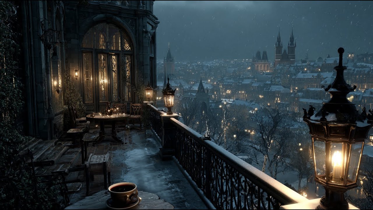 Winter Balcony in a Snow Castle at Night ❄️ Dark Academia Piano for Study And Thought