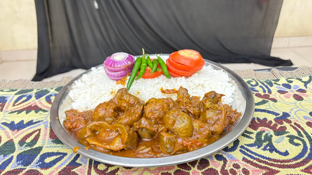 Eating Chicken Pota Curry With Rice Salad 